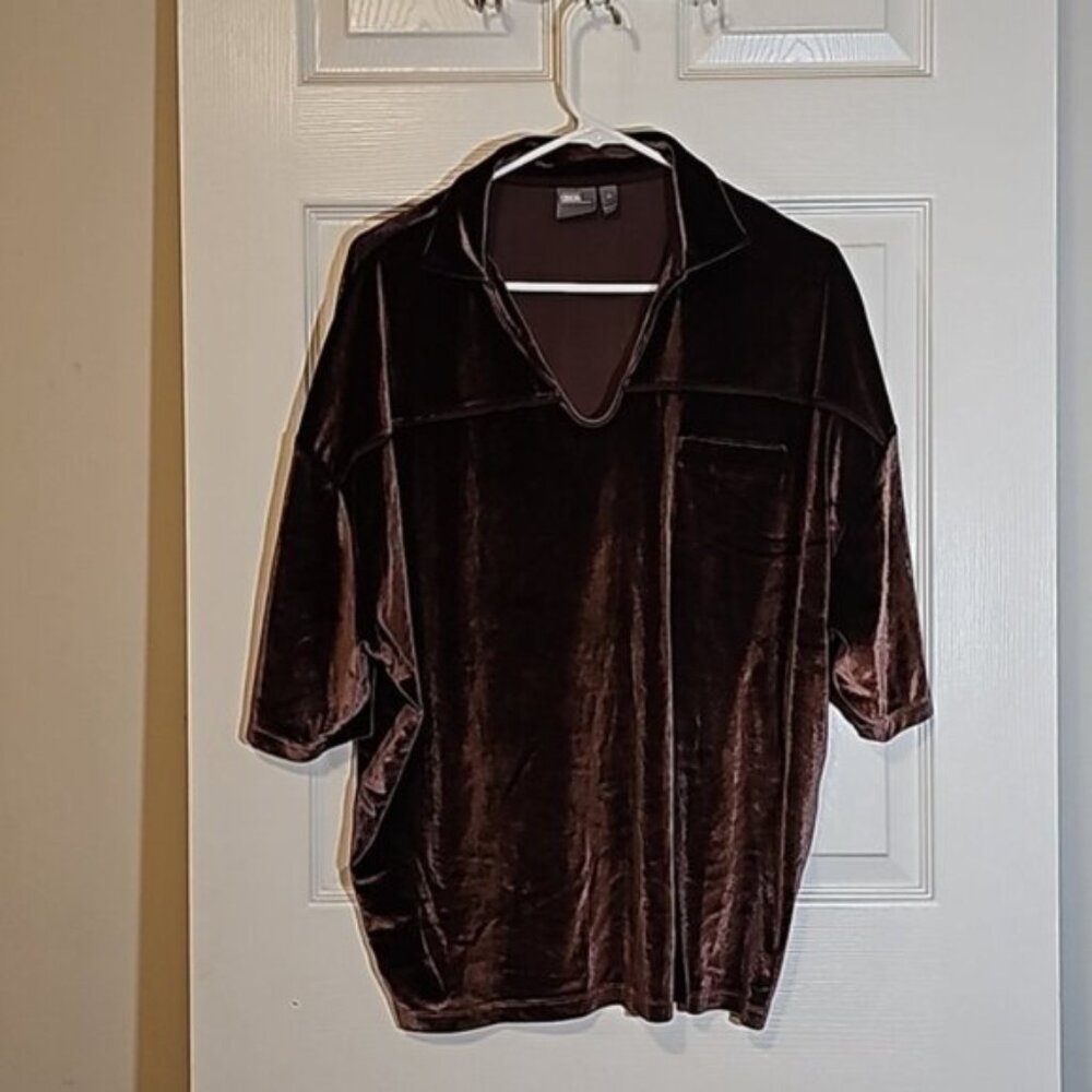 Asos Rich Brown Velour One Pocket Short Sleeve Collar Polo Shirt Size M